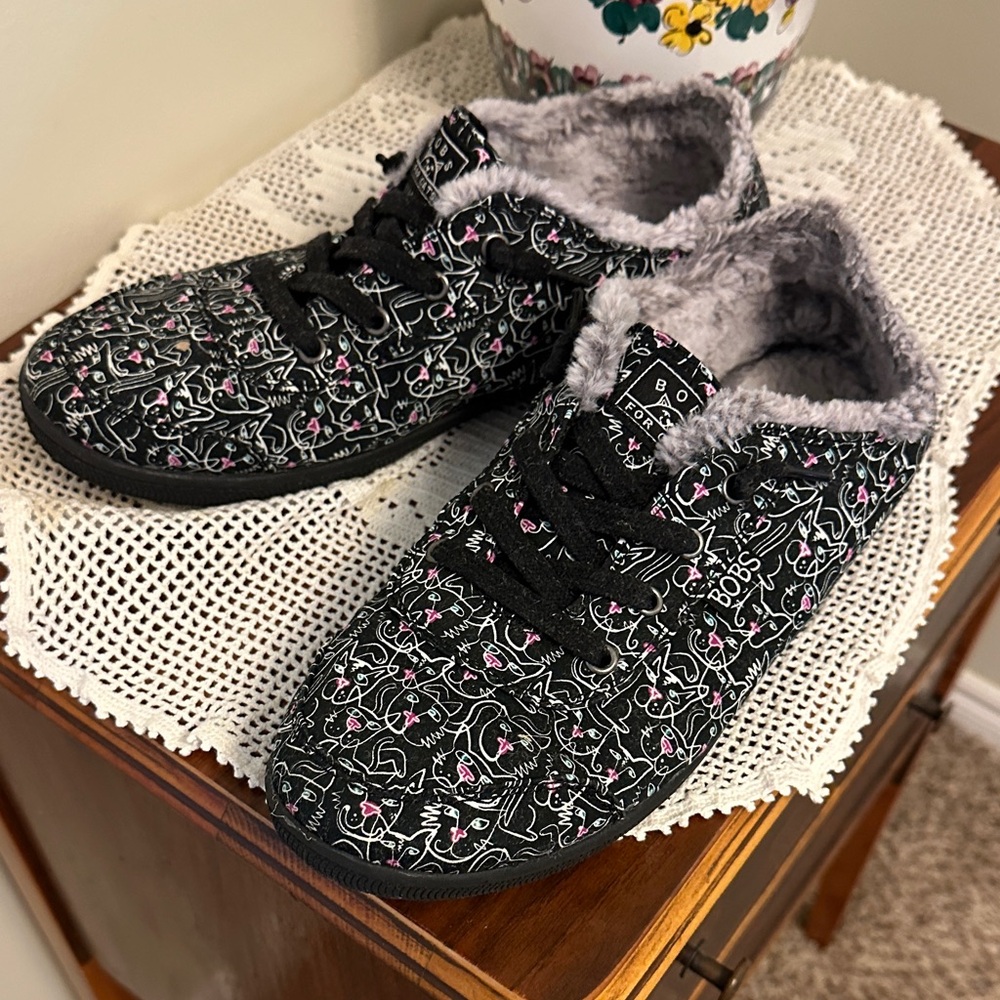 BOBS from Skechers Black Quilted Slip-On Sneakers with cat Accents